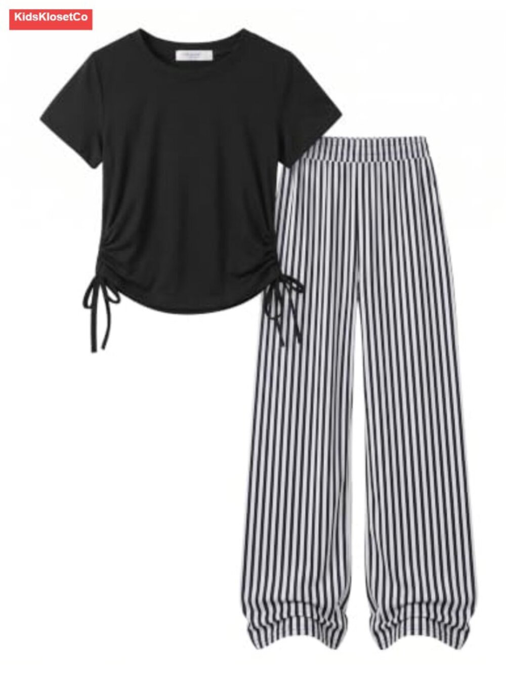 Girls 2 Piece Outfit Ruched Drawstring Top Wide Leg Pants Set
